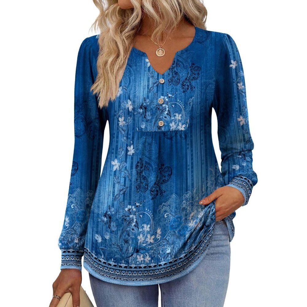 Long Sleeve Shirt for Women Polyester Spandex Floral V Neck Casual Top - Picture 2 of 6
